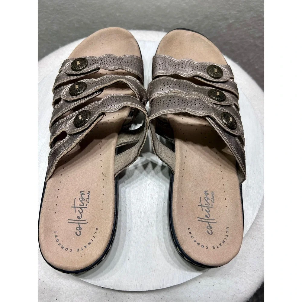 Clarks Collection Metallic Pewter Slide Sandal Women 9M Ultimate Comfort Scallop